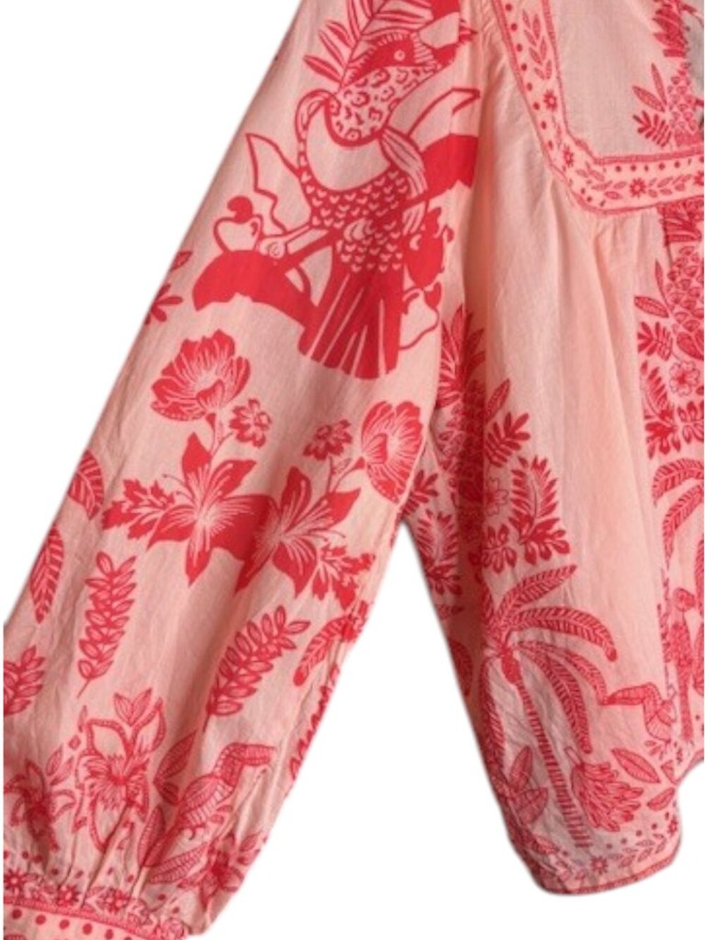 Calypso St. Barth Lightweight Peasant Top Tropical Print - Peachy Pink/Red - L - Picture 10 of 11